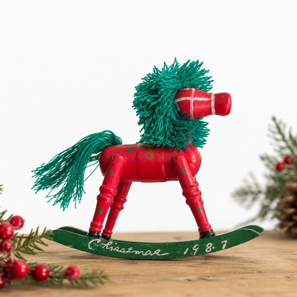 Vintage 1987 Christmas Wooden Rocking Horse Yarn Mane Holiday Decor